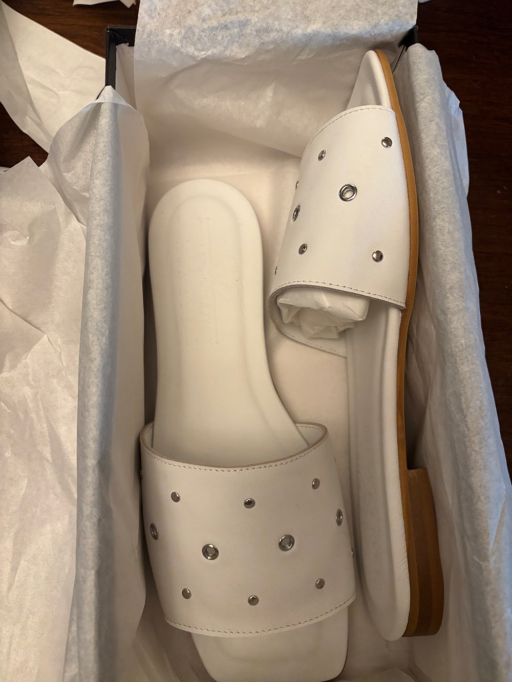 New white Leather Studded Slip-On Mules